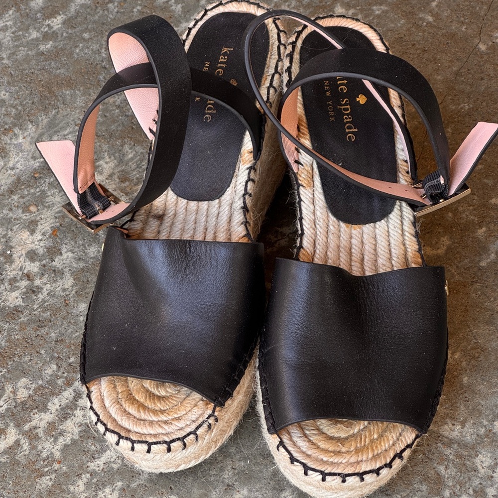Kate Spade Black Leather Wedge Ankle Wrap Espadrille Sandals